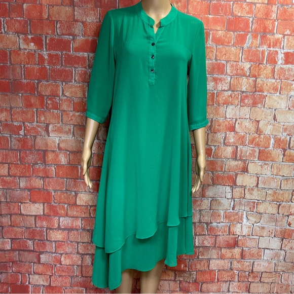 Veinfuns Dresses & Skirts - Veinfuns Green Silk Chiffon Dress Layered Asymmetrical Hem